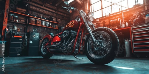 In a wellequipped garage for motoring enthusiasts, a custombuilt red chopper motorcycle with a flame paint job is prominently displayed, highlighting its unique design and exceptional craftsmanship photo