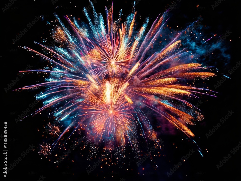 A stunning and breathtaking display of vibrant, colorful fireworks beautifully explodes in the dark night sky, showcasing an incredible array of brilliant colors including orange, blue, and gold hues A stunning and breathtaking display of vibrant, colorful fireworks beautifully explodes in the dark night sky, showcasing an incredible array of brilliant colors including orange, blue, and gold hues