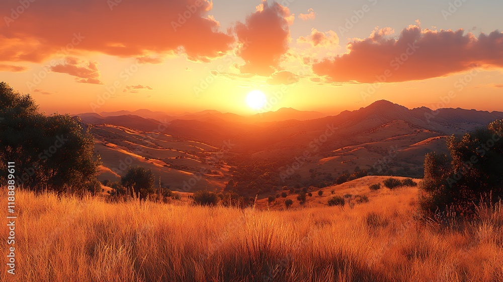 Golden Sunset Over Rolling Hills and Grasslands Golden Sunset Over Rolling Hills and Grasslands