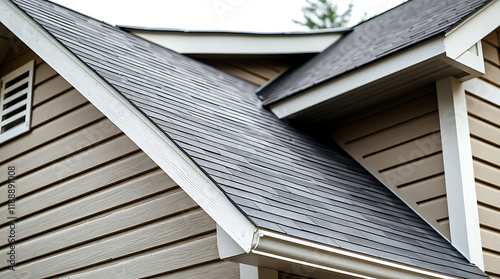 Close-up view of a modern house roof and siding, showcasing architectural details and high-quality construction. Ideal for real estate, construction, and home improvement websites. photo