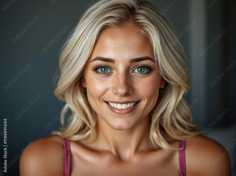 Headshot closeup portrait of a handsome and cheerful young european white skin beautiful woman. Confidence, happy face and smiling female. Portrait of a joyful person looking at the camera. Background Headshot closeup portrait of a handsome and cheerful young european white skin beautiful woman. Confidence, happy face and smiling female. Portrait of a joyful person looking at the camera. Background