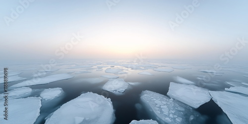 Ice sheets melting in the arctic ocean or waters. Global warming, climate change, greenhouse gas, ecology concept. Hand-edited generative AI. photo