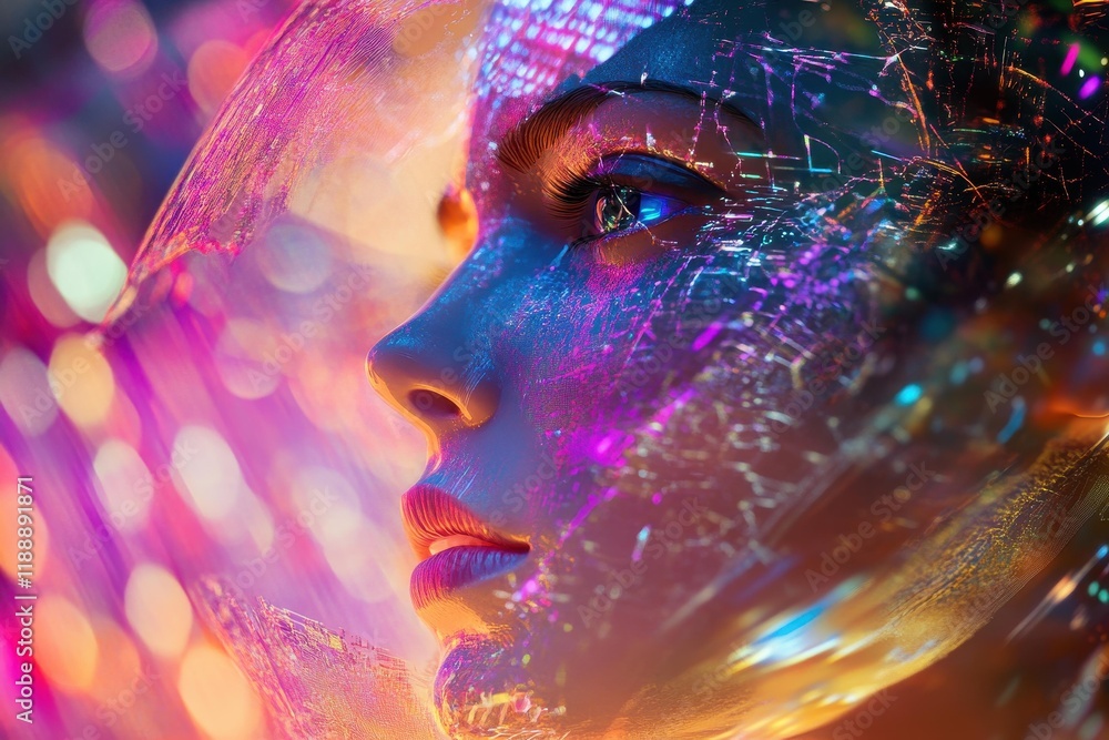 Woman's face illuminated by colorful lights and digital patterns in a surreal setting at night Woman's face illuminated by colorful lights and digital patterns in a surreal setting at night