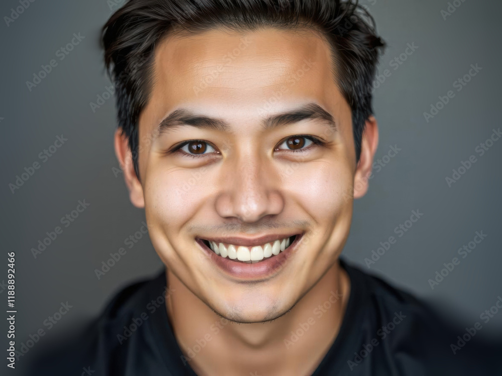 Headshot Closeup portrait of a handsome attractive and cheerful young beautiful man. Confidence, happy face and smiling male. Portrait of a joyful middle aged person looking at the camera