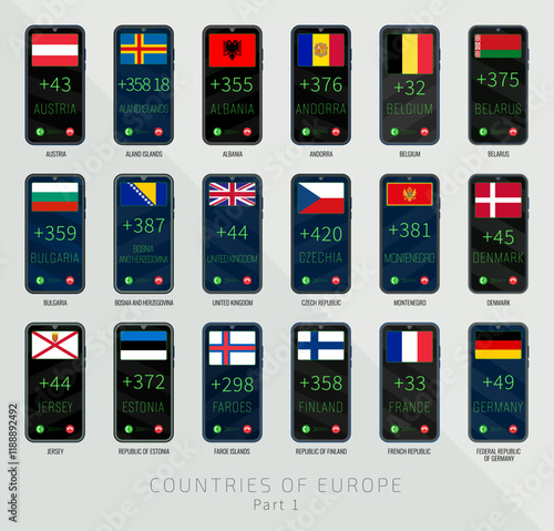 Set of vector illustrations of international dialing country codes and flags of the European Union countries. Part 1.
