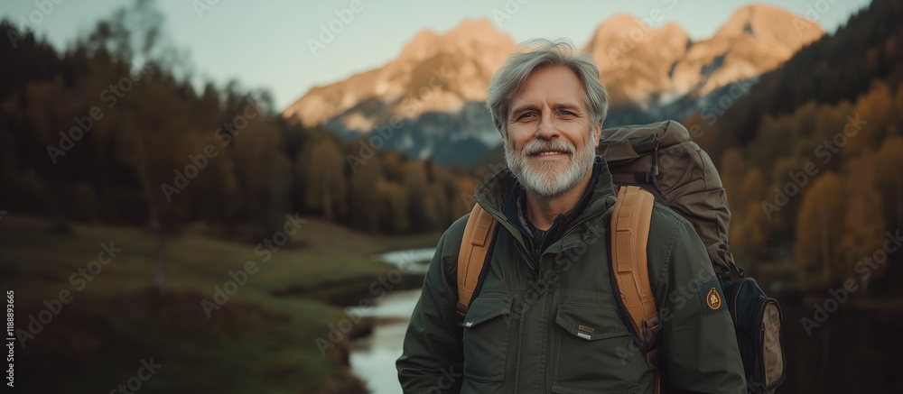 portrait of a mature man in a scenic mountain and forest setting, smiling and enjoying the cold weather in a peaceful natural environment portrait of a mature man in a scenic mountain and forest setting, smiling and enjoying the cold weather in a peaceful natural environment