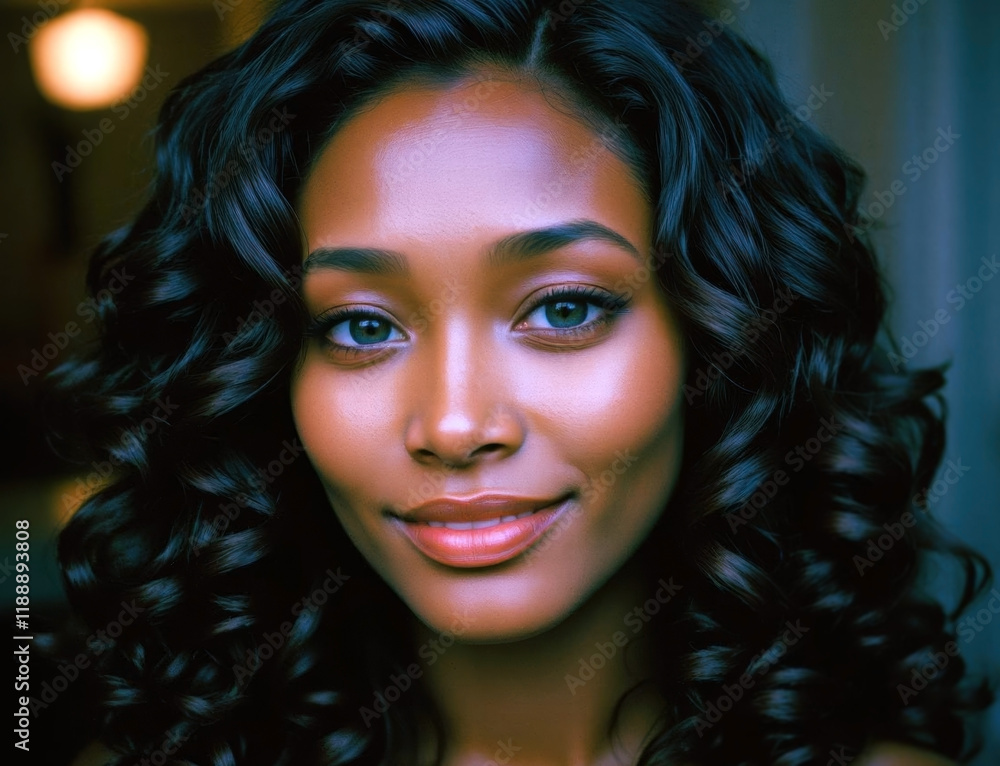 Fototapeta premium Close up portrait of a handsome attractive and cheerful unusual beautiful woman. Black glossy skin, light eyes, black curly long hair. Film movie style look. Happy face smiling female. Headshot image