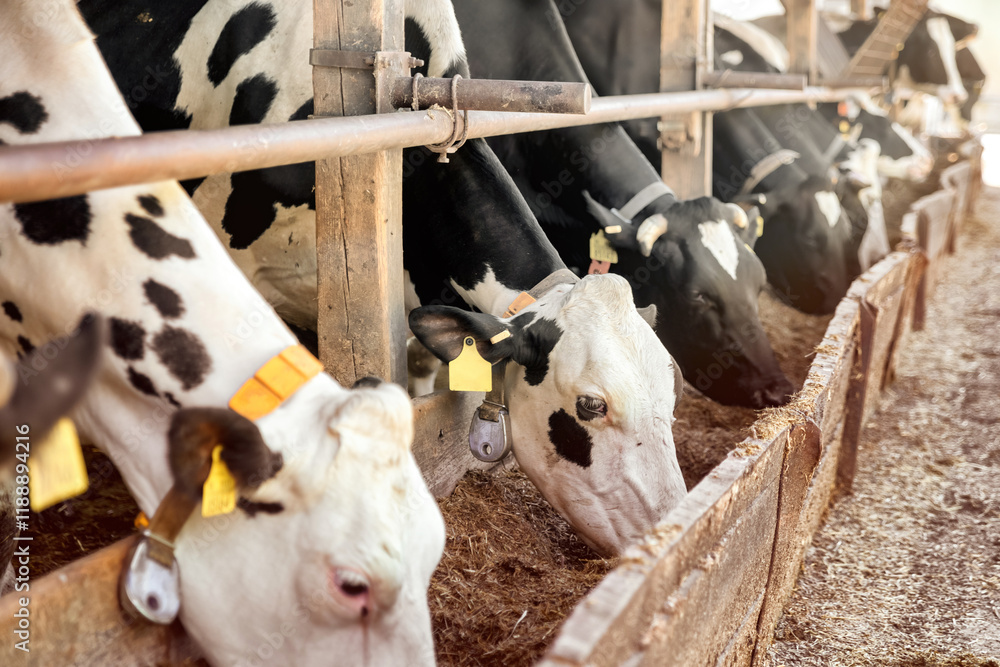 Group of cows at cowshed eating hay or fodder on dairy farm. foot and mouth disease in slovakia