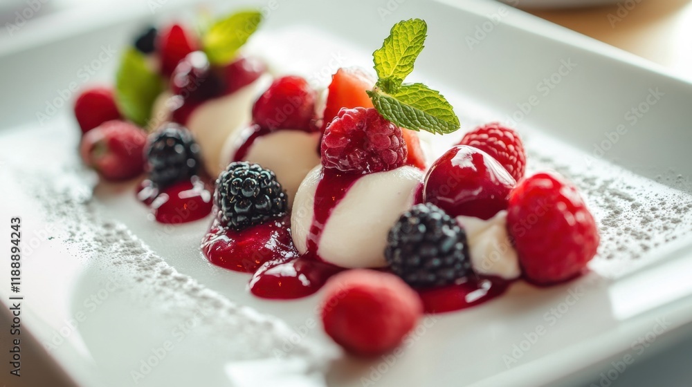 Close-up of a healthy dessert featuring vibrant berries, cream, and mint, perfect for a nutritious and indulgent treat. Close-up of a healthy dessert featuring vibrant berries, cream, and mint, perfect for a nutritious and indulgent treat.