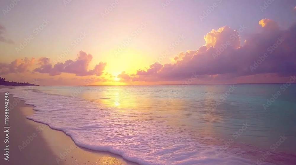 Fototapeta premium Serene sunset over calm ocean waves gently lapping a sandy beach.