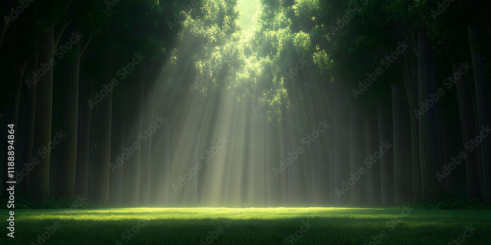 Sunbeams illuminate a serene forest clearing. Lush green grass contrasts with the dark tree trunks, creating a mystical atmosphere. Sunbeams illuminate a serene forest clearing. Lush green grass contrasts with the dark tree trunks, creating a mystical atmosphere.