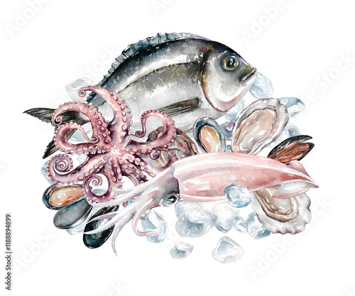 Fish, squid, mussels, oyster and octopus watercolor composition on ice hand drawn illustration photo