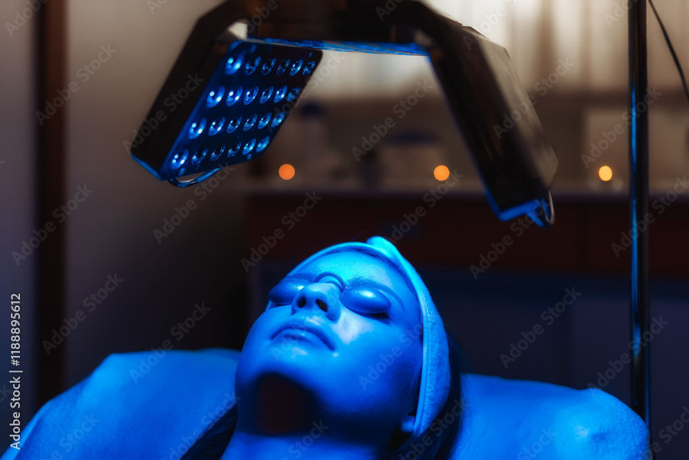 Facial treatment with led therapy. Girl on a light therapy procedure. LED lamp with blue light. Woman in protective glasses