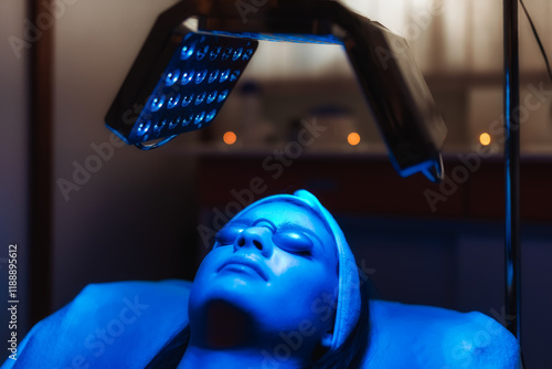Facial treatment with led therapy. Girl on a light therapy procedure. LED lamp with blue light. Woman in protective glasses