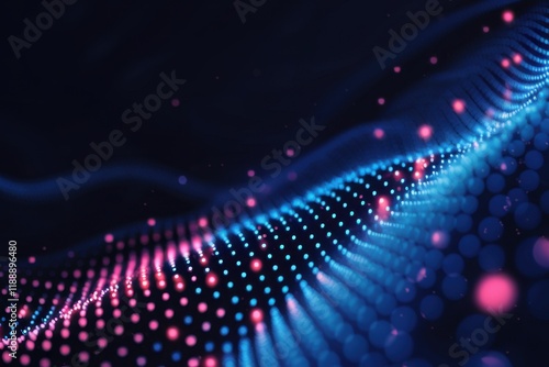 abstract DNA strand, glowing particles, blue and pink neon lights, digital wave, futuristic technology, black background, cybernetic network, microscopic view, bioluminescence, scientific visualizatio photo