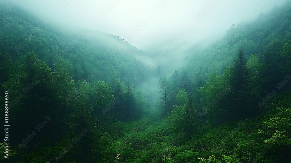 Obraz premium Misty Mountain Valley Verdant Forest Canopy