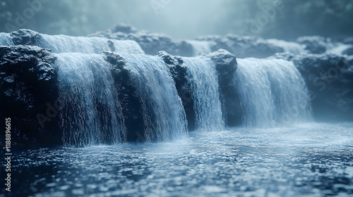 A serene waterfall cascading over rocks into a misty pool, creating a tranquil atmosphere.