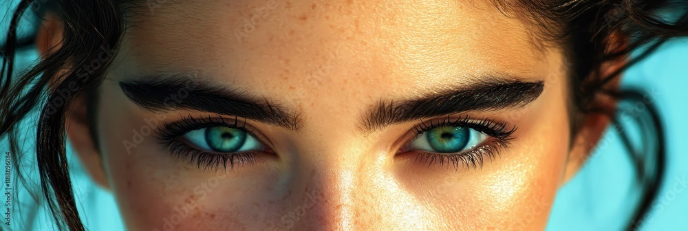 Naklejka premium Young Woman, Eyebrows, Intense Stare, Closeup, Beauty, Makeup, Healthy Skin, Studio Shot, Print