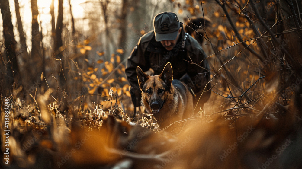 A trained K-9 and their handler navigate a dense forest, scanning the ground for overlooked evidence or any indication of a missing individual in the tangled undergrowth.