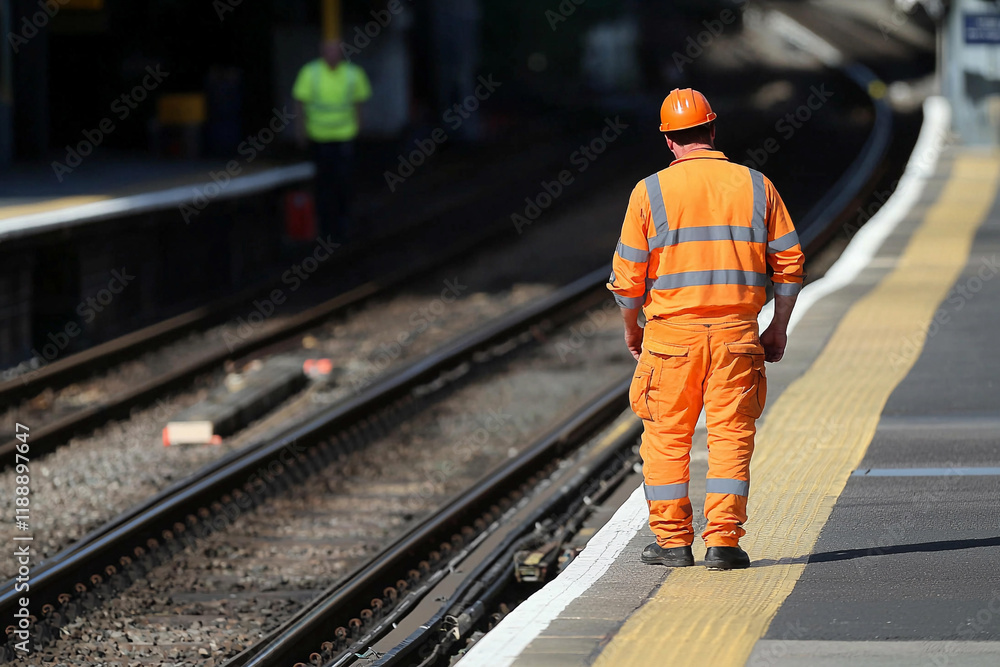 Fototapeta premium Railway worker inspects tracks on station platform