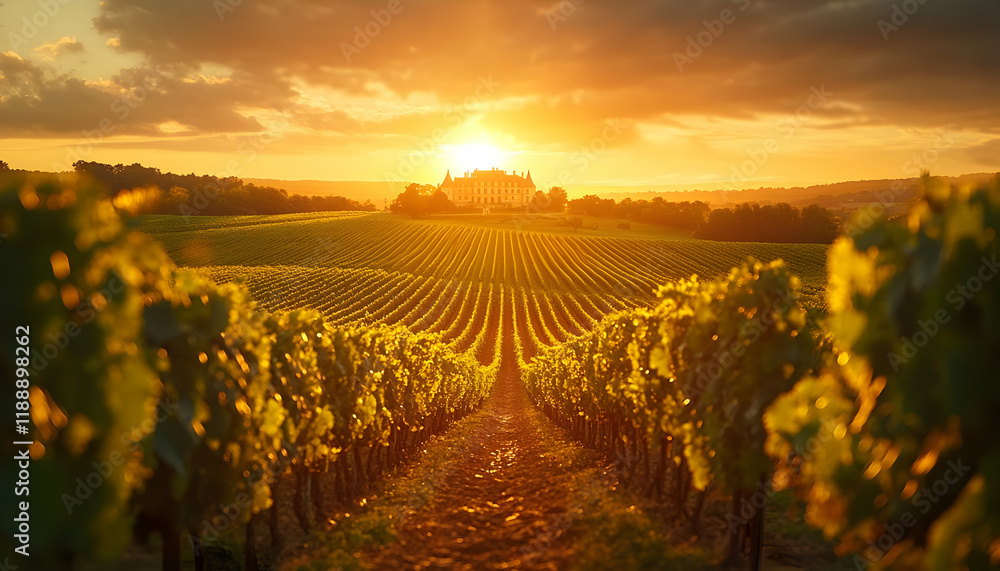 Naklejka premium Winnica Zachód Słońca Zamek Francja Winiarnia Krajobraz