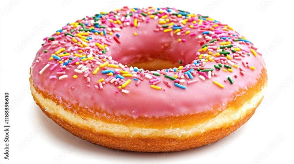 Delicious pink sprinkled donut bakery food photography bright environment close-up perspective
