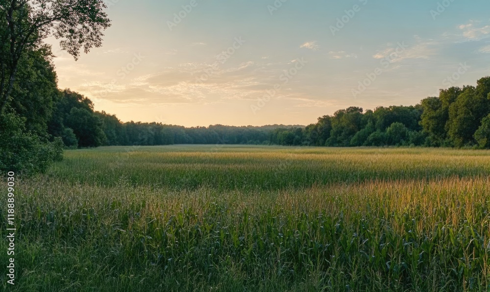 Obraz premium A wide shot of the cornfield with tall green stalks, a clear sky in the background, and a field covered by lush grasses on one side.