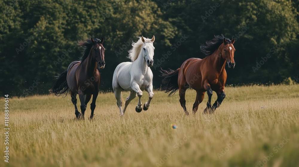 The white, brown, and black horses run in unison across an open grassy plain, embodying power and elegance in the heart of a serene landscape. The white, brown, and black horses run in unison across an open grassy plain, embodying power and elegance in the heart of a serene landscape.