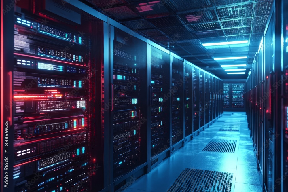 A dark tech server room filled with multiple computer racks, effectively showcasing secure facilities that host critical systems and advanced data infrastructure necessary for operations A dark tech server room filled with multiple computer racks, effectively showcasing secure facilities that host critical systems and advanced data infrastructure necessary for operations