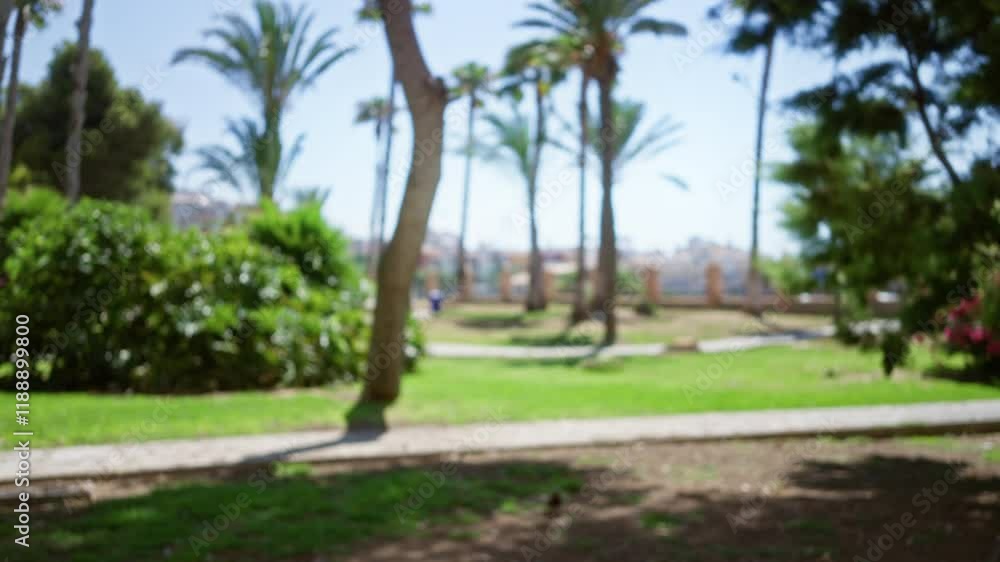 Blurry image of trees and greenery outdoors in a park with a person in the background during a sunny day Blurry image of trees and greenery outdoors in a park with a person in the background during a sunny day