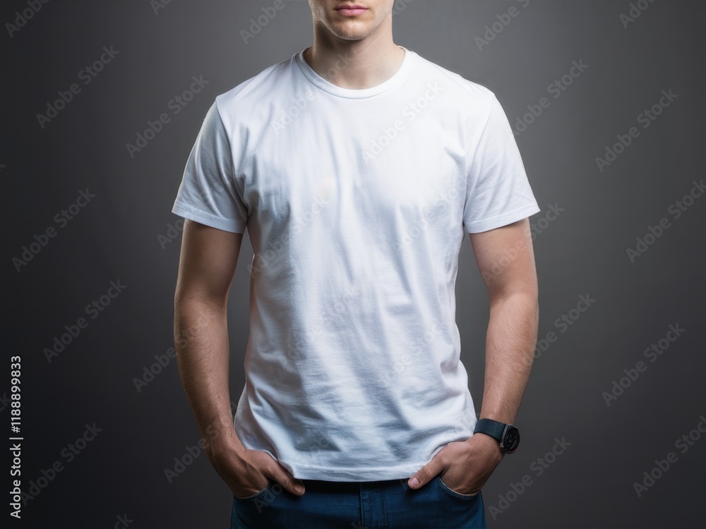White t-shirt, male torso, casual wear, plain clothing, studio lighting, dark background, textured wall, hands in pockets, standing pose, cropped view, minimalist style, fashion photography, product s White t-shirt, male torso, casual wear, plain clothing, studio lighting, dark background, textured wall, hands in pockets, standing pose, cropped view, minimalist style, fashion photography, product s