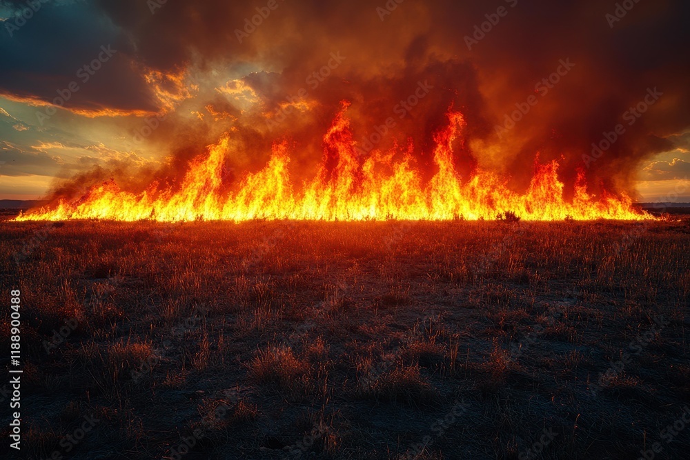 Wildfire rages across dry grasslands at sunset, illuminating the sky with flames and smoke Wildfire rages across dry grasslands at sunset, illuminating the sky with flames and smoke