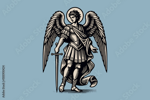 Vintage black and white engraving of Archangel Michael with a sword