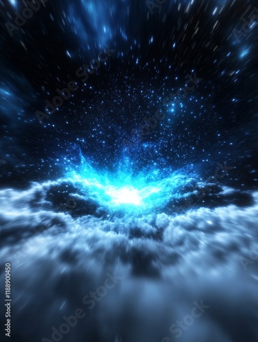 Wallpaper Mural Celestial Burst Through Clouds - Cosmic energy, ethereal glow, star field, cloud expanse, divine light. Symbolizes hope, power, creation, mystery, transcendence. Torontodigital.ca