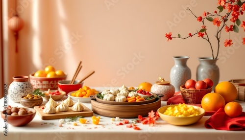 Wallpaper Mural Steamed Dumplings and Festive Fruits: A Vibrant Asian Culinary Still Life Torontodigital.ca