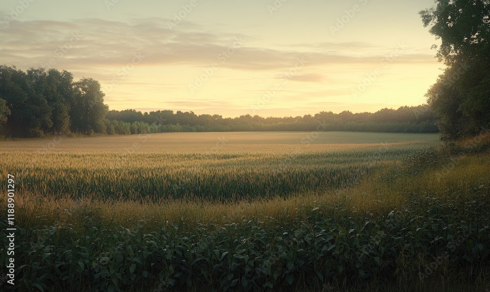 Obraz premium A wide shot of the cornfield with tall green stalks, a clear sky in the background, and a field covered by lush grasses on one side.