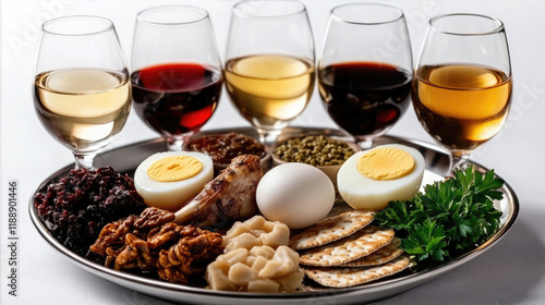 A traditional Passover seder plate with bitter herbs, roasted shank bone, charoset, parsley, boiled egg, on a white linen tablecloth, with matzah in the background photo