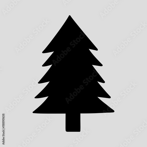 The silhouette of a fir tree on a light gray background. Suitable for season and holiday decorations. Black and white vector hand-drawn illustration.