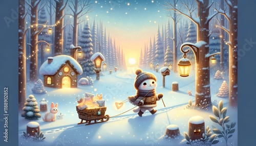 A Whimsical Snowy Forest Scene with a Cozy Cottage and Adorable Characters during a Magical Winter Sunset