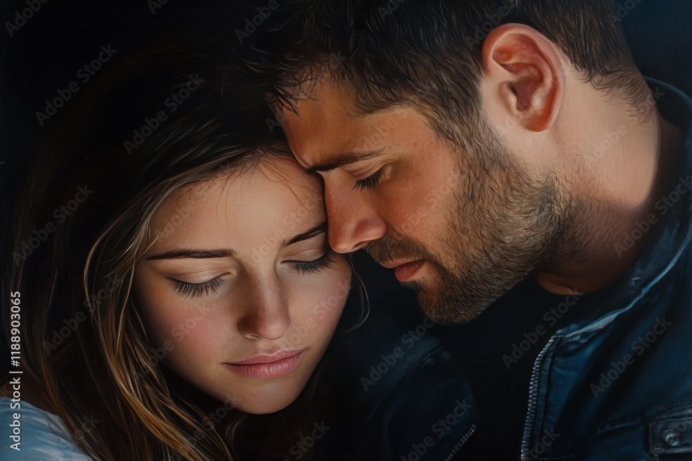 Tender embrace, woman resting on man's chest, shared affection in a moment of intimacy, warmth and connection evident in their gaze Tender embrace, woman resting on man's chest, shared affection in a moment of intimacy, warmth and connection evident in their gaze