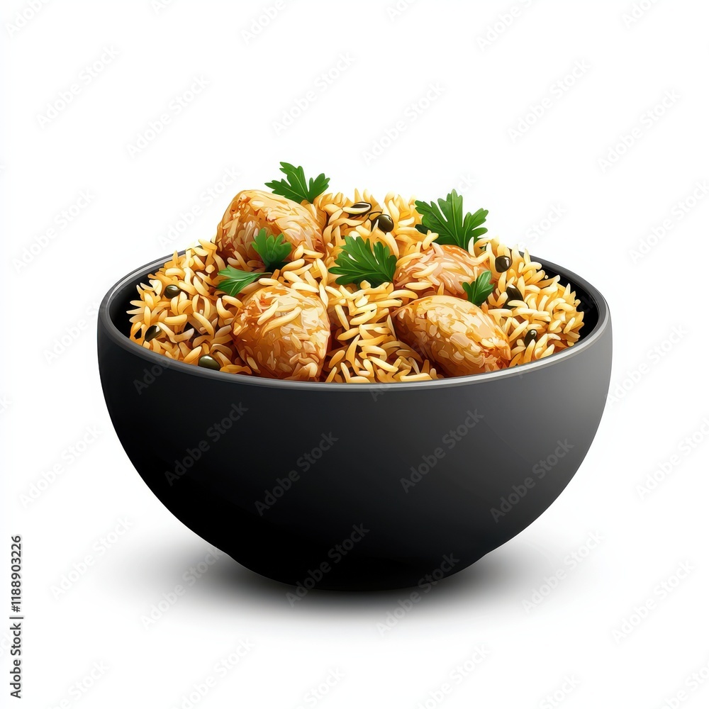 A bowl of flavorful rice topped with tender meatballs and garnished with fresh parsley. A bowl of flavorful rice topped with tender meatballs and garnished with fresh parsley.