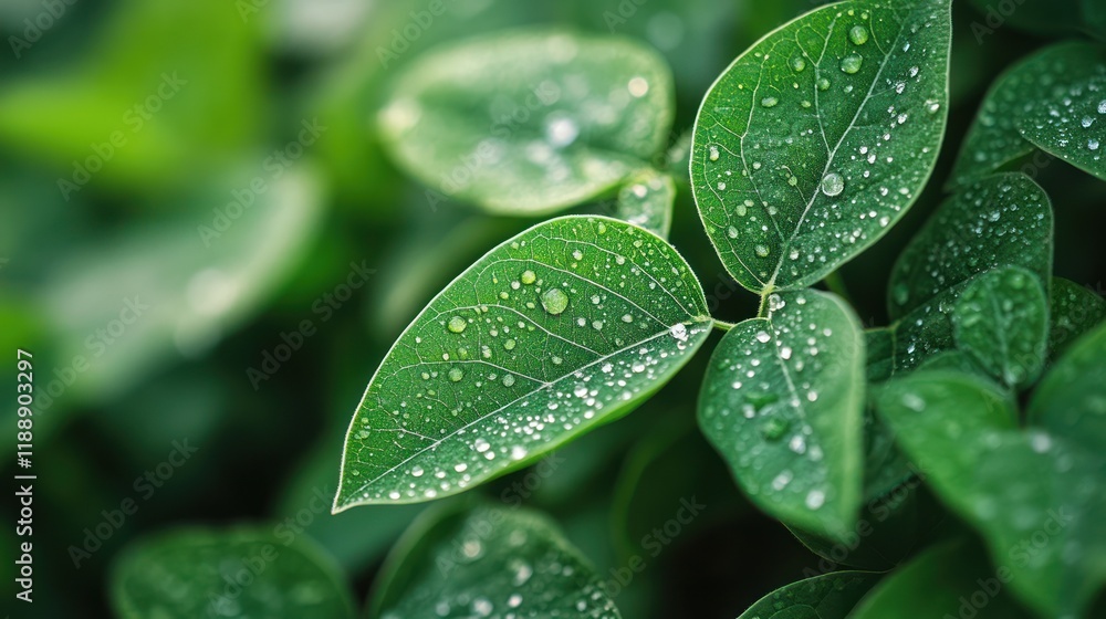 Dew drops on lush green soybean leaves. Dew drops on lush green soybean leaves.