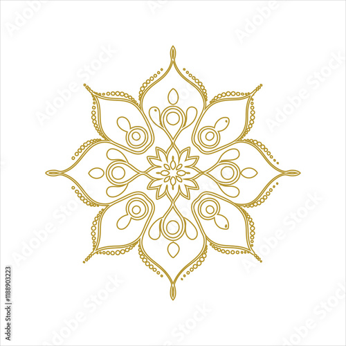 A vector illustration of a mandala silhouette with a white background. The mandala has a circular pattern with multiple layers of interlocking geometric shapes, including triangles, squares, and circl