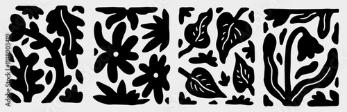 Set of black silhouette designs with an organic, abstract patterns on a light gray background. Curved and irregular shapes resembling leaves or plant-like forms. Vector hand-drawn illustration.