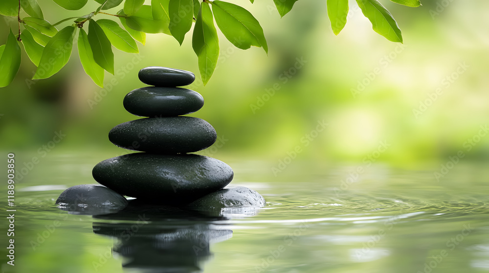 Zen stones arranged in a pyramid on a water surface, with green leaves surrounding them Zen stones arranged in a pyramid on a water surface, with green leaves surrounding them
