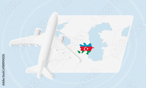 Azerbaijan Travel Illustration with Plane and National Flag. Airplane Flying Over Azerbaijan Map.