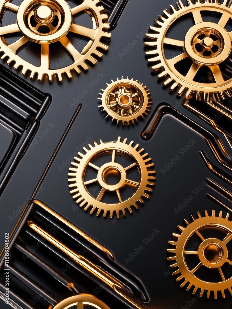 Fototapeta premium Golden Gears on Black Circuitry - Precision, technology, engineering, luxury, and mechanism. Gold gears mesh on a black circuit board background.