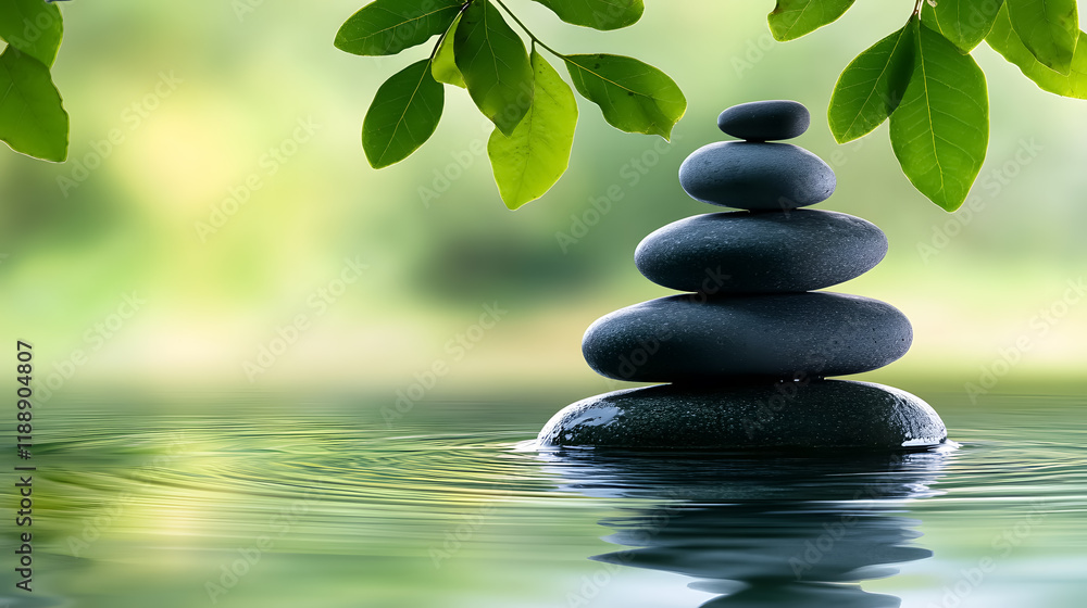 Obraz premium Zen stones arranged in a pyramid on a water surface, with green leaves surrounding them