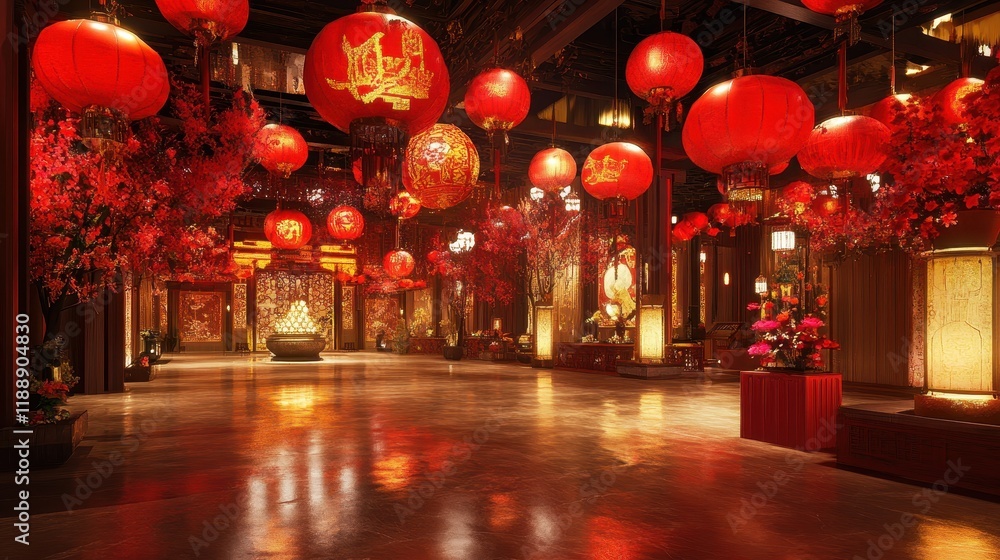Festive Red Lanterns Illuminate Grand Chinese Hallway Festive Red Lanterns Illuminate Grand Chinese Hallway