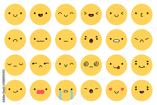 A big emoji set with different facial expressions. Yellow characters with happy, joyful, disappointed, sad, surprised,angry, playful mood. Vector flat illustration. Perfect for social media, stickers.